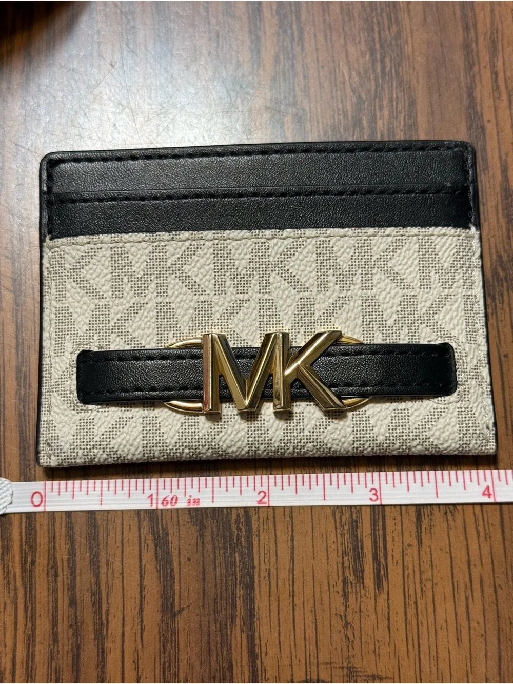 Michael Kors MK Vanilla Logo Card Holder Wallet Black Leather Gold Logo Card
